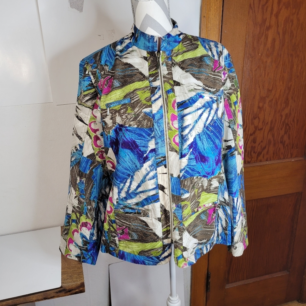 Womans Chicos Abstract Vibrant Color Waist Length Zip Front Jacket Size 3